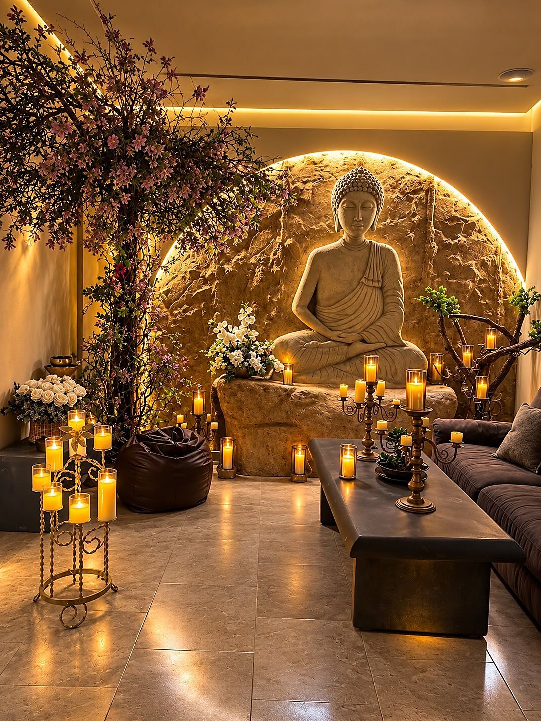 Sala de Garden SPA con un Buda tallado en piedra dentro de un círculo iluminado, rodeado de velas encendidas y ramas en flor